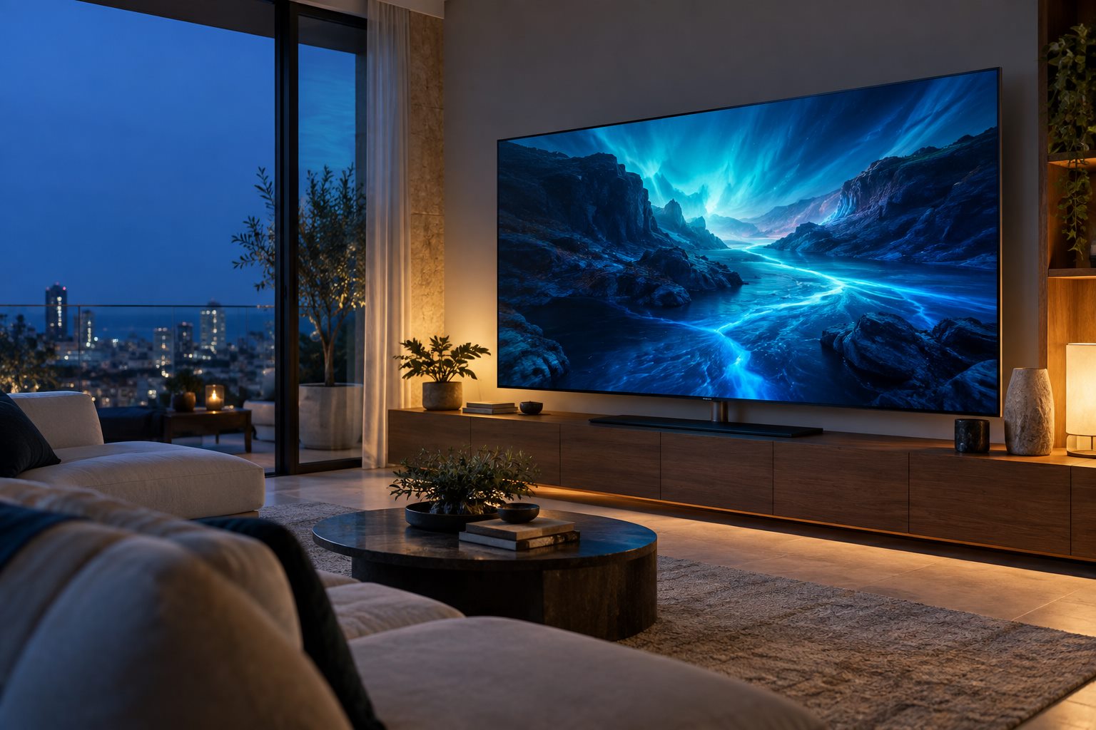 A modern living room with a television showing a blue and teal landscape